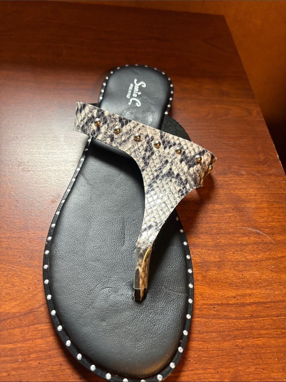 Sonia C. Snake-Print Studded Black and Taupe Toe-Post Sandal